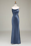 Dusty Blue guaina Spaghetti Straps Backless Satin Abito da damigella d'onore lungo