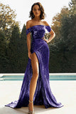 Oro Off The Spalla Guaina Metallico Raso Prom Dress con fessura