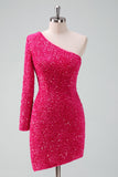 Sparkly Fucsia One Shoulder Sequin Tight Cocktail Dress con frange