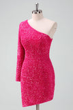 Sparkly Fucsia One Shoulder Sequin Tight Cocktail Dress con frange