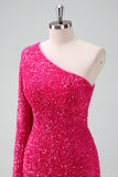 Sparkly Fucsia One Shoulder Sequin Tight Cocktail Dress con frange