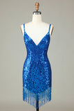 Bodycon spuntini scintillanti paillettes vestito blu corto di cocktail con nappine