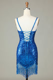 Bodycon spuntini scintillanti paillettes vestito blu corto di cocktail con nappine