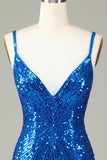 Bodycon spuntini scintillanti paillettes vestito blu corto di cocktail con nappine