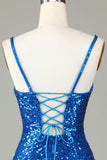 Bodycon spuntini scintillanti paillettes vestito blu corto di cocktail con nappine
