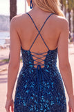 Bodycon spuntini scintillanti paillettes vestito blu corto di cocktail con nappine