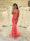 Arancione Charming Mermaid profondo scollo a V scintillante paillettes prom dress con ricamo