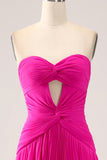 Fucsia A Line Sweetheart Abito Lungo Buco Serratura Plissettato Con Spacco