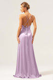 Borgogna A Line Spaghetti Straps Backless Satin Abito da damigella d'onore lungo con fessura