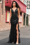 Sparkly Black Depp V-Neck Mermaid Abito lungo da cerimonia con piume