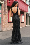 Sparkly Black Depp V-Neck Mermaid Abito lungo da cerimonia con piume