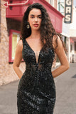 Sparkly Black Depp V-Neck Mermaid Abito lungo da cerimonia con piume