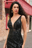 Sparkly Black Depp V-Neck Mermaid Abito lungo da cerimonia con piume