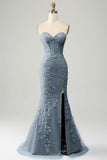 Elegante sirena Sweetheart abito da ballo corsetto azzurro con appliques