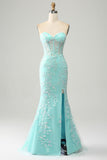 Elegante sirena Sweetheart abito da ballo corsetto azzurro con appliques
