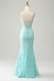 Elegante sirena Sweetheart abito da ballo corsetto azzurro con appliques