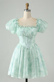 Sky Blue A Line Square Neck Print Floral Ruffle Abito corto Da Cocktail con maniche a sbuffo