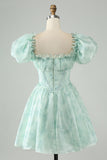Sky Blue A Line Square Neck Print Floral Ruffle Abito corto Da Cocktail con maniche a sbuffo