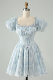 Sky Blue A Line Square Neck Print Floral Ruffle Abito corto Da Cocktail con maniche a sbuffo