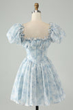Sky Blue A Line Square Neck Print Floral Ruffle Abito corto Da Cocktail con maniche a sbuffo