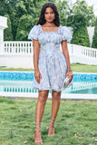 Sky Blue A Line Square Neck Print Floral Ruffle Abito corto Da Cocktail con maniche a sbuffo