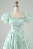 Sky Blue A Line Square Neck Print Floral Ruffle Abito corto Da Cocktail con maniche a sbuffo