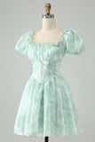 Sky Blue A Line Square Neck Print Floral Ruffle Abito corto Da Cocktail con maniche a sbuffo