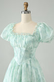Sky Blue A Line Square Neck Print Floral Ruffle Abito corto Da Cocktail con maniche a sbuffo