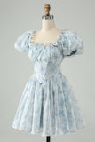 Sky Blue A Line Square Neck Print Floral Ruffle Abito corto Da Cocktail con maniche a sbuffo