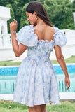 Sky Blue A Line Square Neck Print Floral Ruffle Abito corto Da Cocktail con maniche a sbuffo