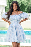 Sky Blue A Line Square Neck Print Floral Ruffle Abito corto Da Cocktail con maniche a sbuffo