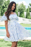 Sky Blue A Line Square Neck Print Floral Ruffle Abito corto Da Cocktail con maniche a sbuffo