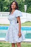 Sky Blue A Line Square Neck Print Floral Ruffle Abito corto Da Cocktail con maniche a sbuffo
