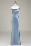 Dusty Blue guaina Spaghetti Straps Backless Satin Abito da damigella d'onore lungo