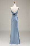 Dusty Blue guaina Spaghetti Straps Backless Satin Abito da damigella d'onore lungo