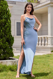 Dusty Blue guaina Spaghetti Straps Backless Satin Abito da damigella d'onore lungo