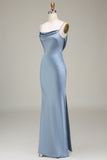 Dusty Blue guaina Spaghetti Straps Backless Satin Abito da damigella d'onore lungo
