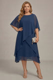 Abito midi Mother of the Bride in chiffon plus size in chiffon A-Line Boat Dress Mother of the Bride blu Navy