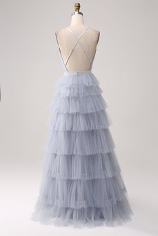 Grigio Blu A Line Tiered Tulle Backless Abito Lungo Prom