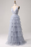 Grigio Blu A Line Tiered Tulle Backless Abito Lungo Prom