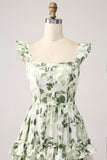 Verde floreale volant a più livelli Prom Dress con fessura