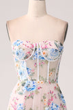 A-Line Albicocca fiore Off the Shoulder lungo corsetto Prom Dress