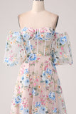 A-Line Albicocca fiore Off the Shoulder lungo corsetto Prom Dress