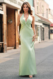 Dusty Sage Satin Mermaid Increspato Halter Abito da damigella d'onore