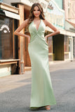 Dusty Sage Satin Mermaid Increspato Halter Abito da damigella d'onore