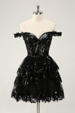 Sparkly Black A Line Off The Shoulder Corsetto Tiered Lace Short Abito da Laurea