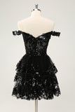 Sparkly Black A Line Off The Shoulder Corsetto Tiered Lace Short Abito da Laurea