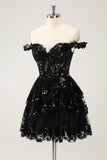 Sparkly Black A Line Off The Shoulder Corsetto Tiered Lace Short Abito da Laurea