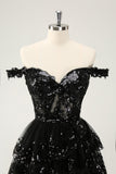 Sparkly Black A Line Off The Shoulder Corsetto Tiered Lace Short Abito da Laurea