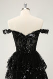 Sparkly Black A Line Off The Shoulder Corsetto Tiered Lace Short Abito da Laurea